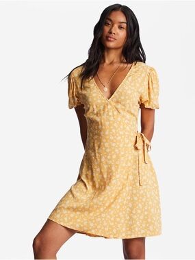 Billabong Yellow Floral Wrap Mini Dress